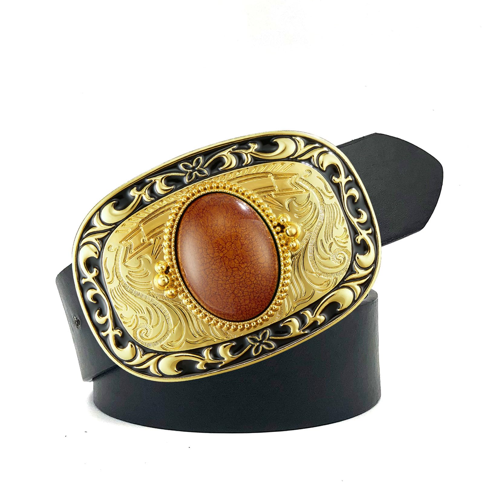 YOQUCOL Vintage Western Cowboy Coral Red Stone Belt Buckle for Men Handmade Belt Buckle Gold Tone