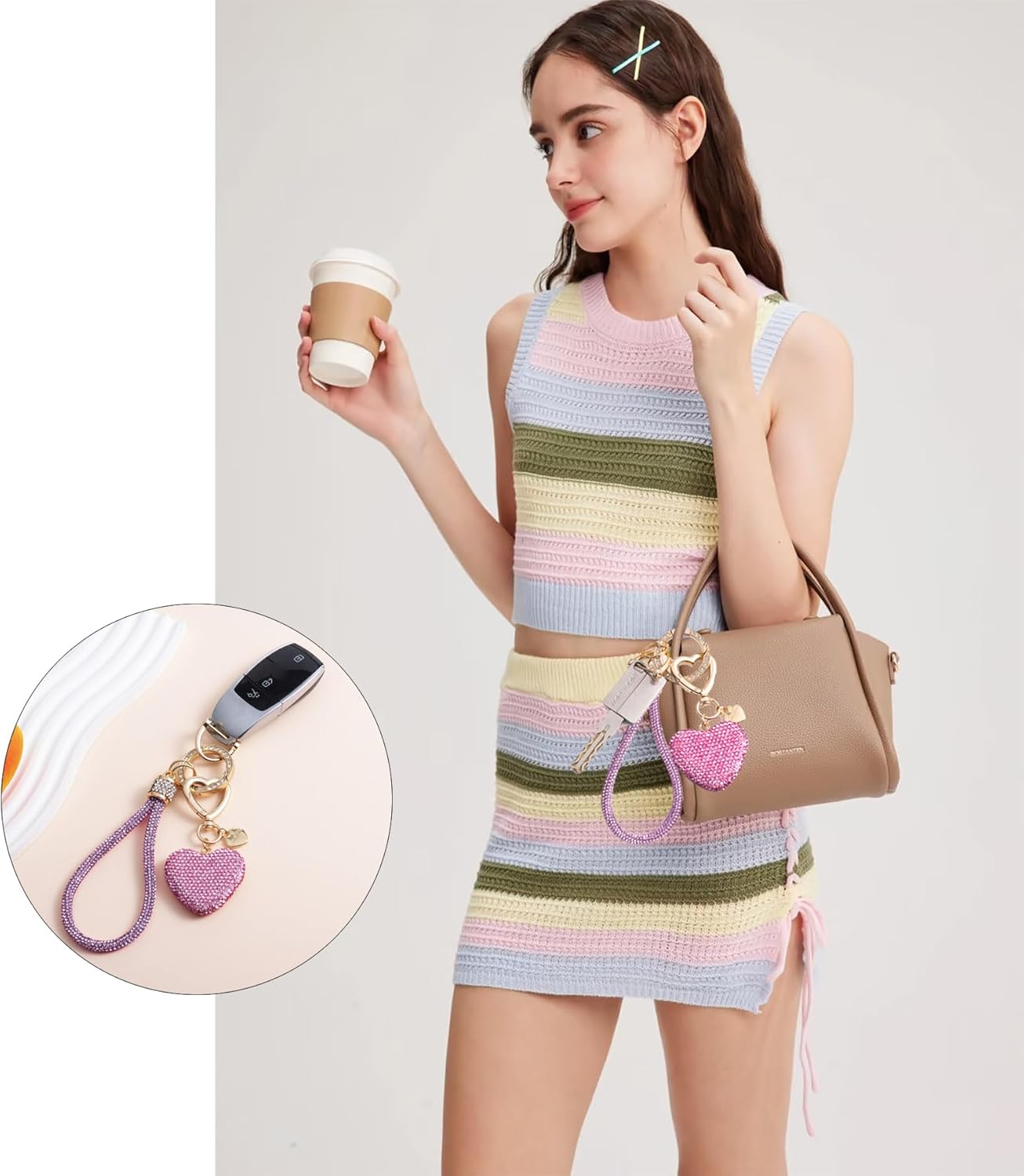 Cute Heart Keychains for Women, Bling Key chain Accessories Girly Wristlet Keychain for Car Keys, Backpack pom pom - Image 3