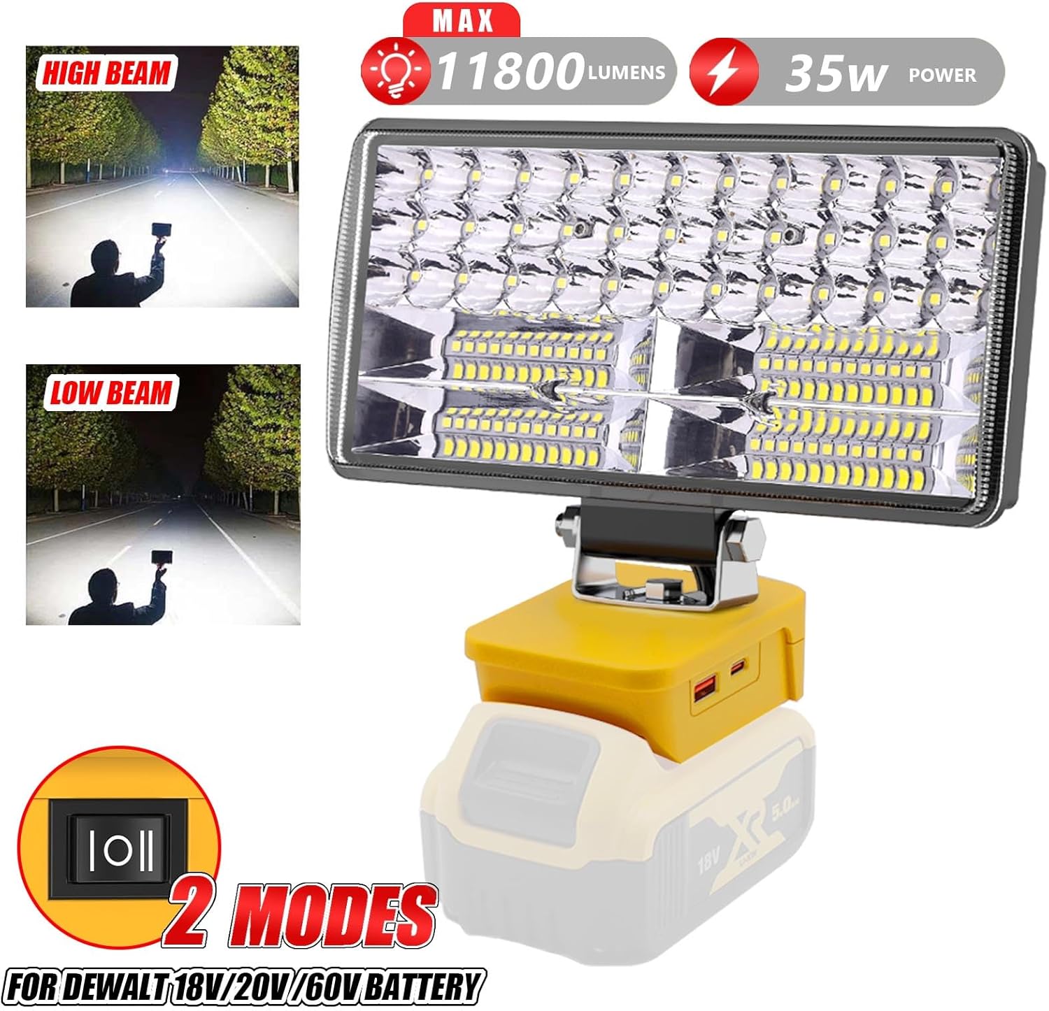 Max 6000LM LED Work Light Compatible with DeWalt 20V Battery - 2 Brightness Adjustable Battery Light with USB/Type-C Charging Port, Portable Flood Light for Emergency, Camping, Job Site Lighting