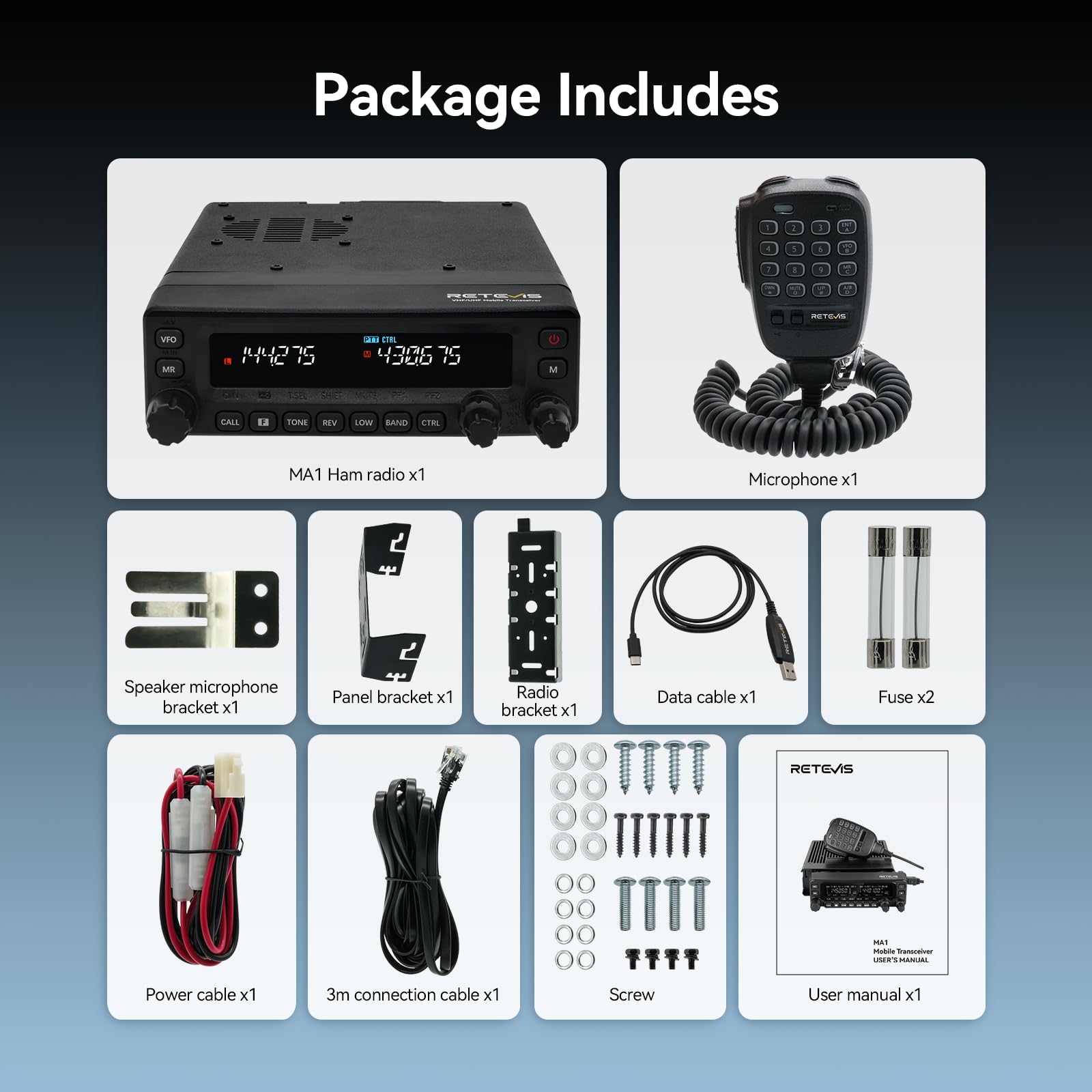 Retevis MA1 Radioamatori, Radio Amatoriale con Pannello | 50 W, Ripetitore Cross Band, 2m/70cm/FM/AM, 800 Canali, Ricetrasmettitore Mobile per Camion, Eventi Amatoriali