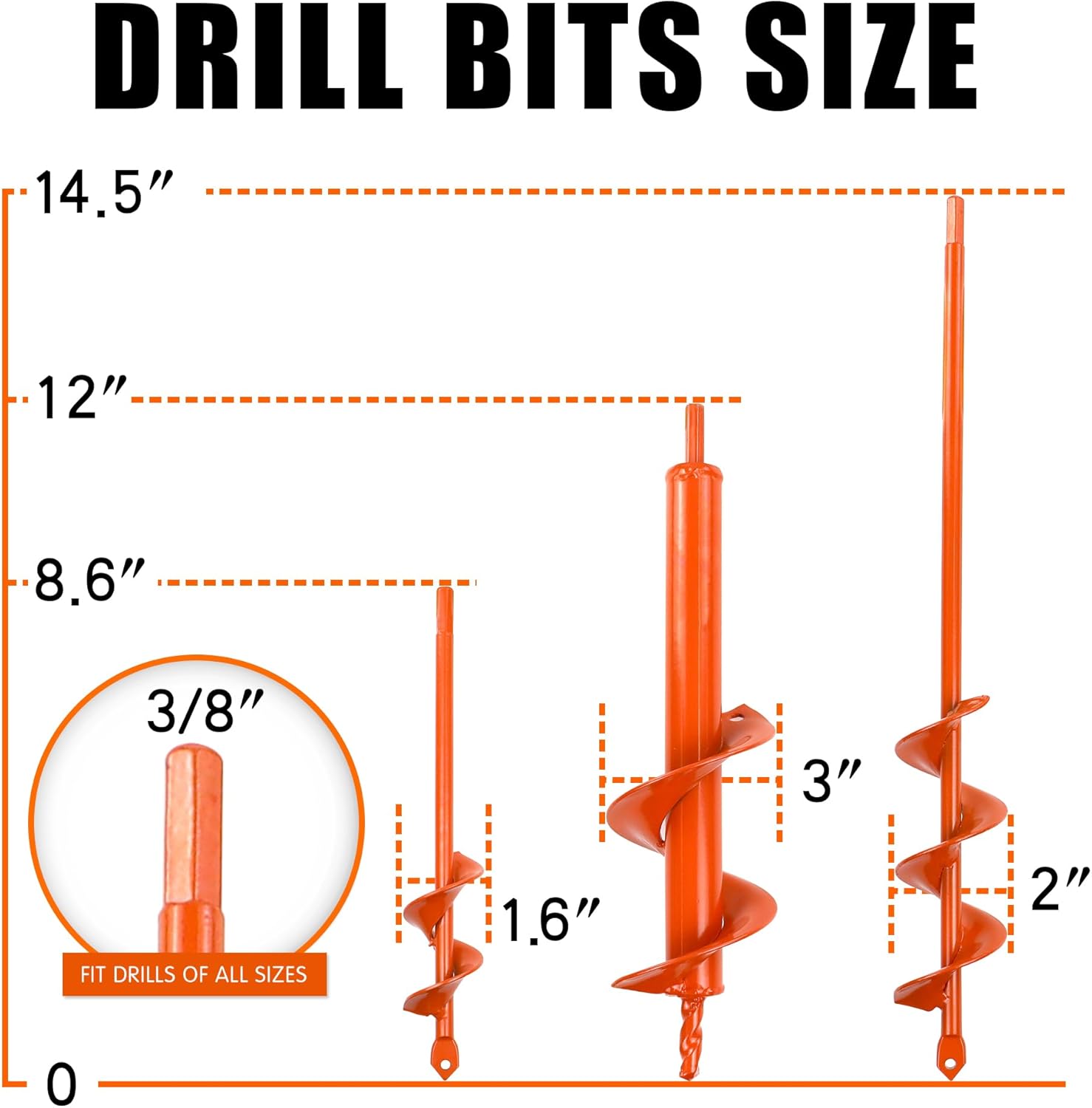 Auger Drill Bit for Planting Set of 3, (1.6x8.6, 3x12, 2x14.5) for 3/8" Hex Drive Drill, Easy Planter Garden Auger, for Post Hole Digger Bulb Bedding Digging Plant Rapid Planter
