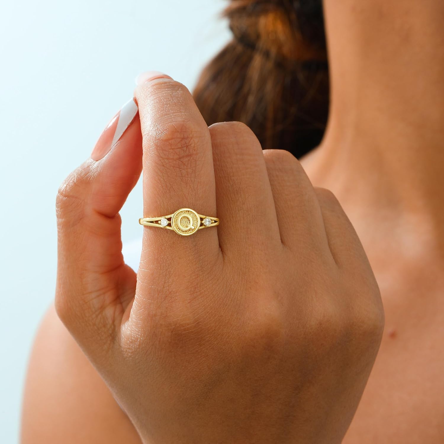 Kyerlyn Adjustable Letter Q Gold Rings for Women Non Tarnish Open Chunky 14K Gold Plated Stacking Cubic Zirconia Ring Trendy Statement Promise Wedding Bands Engagement for Gifts Jewelry