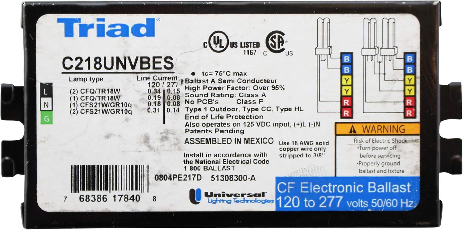 Universal C218UNVBES Triad CFL Electronic Ballast, 120/277V, 18W, 2 Lamp
