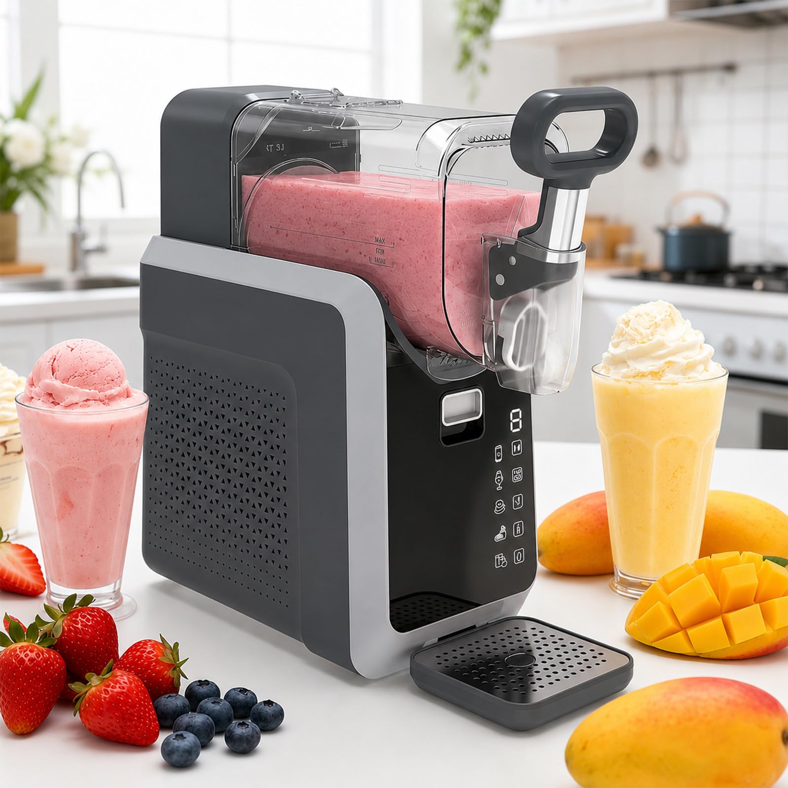 JIYINGHUI 2 in 1 Slushie Maker Machine Ice Cream Maker, 2.2L / 74oz,Easy Fill Vessel,5 Preset Programs,for Make Margaritas, Frappés, & More,With Dishwasher Safe Parts 110V50HZ