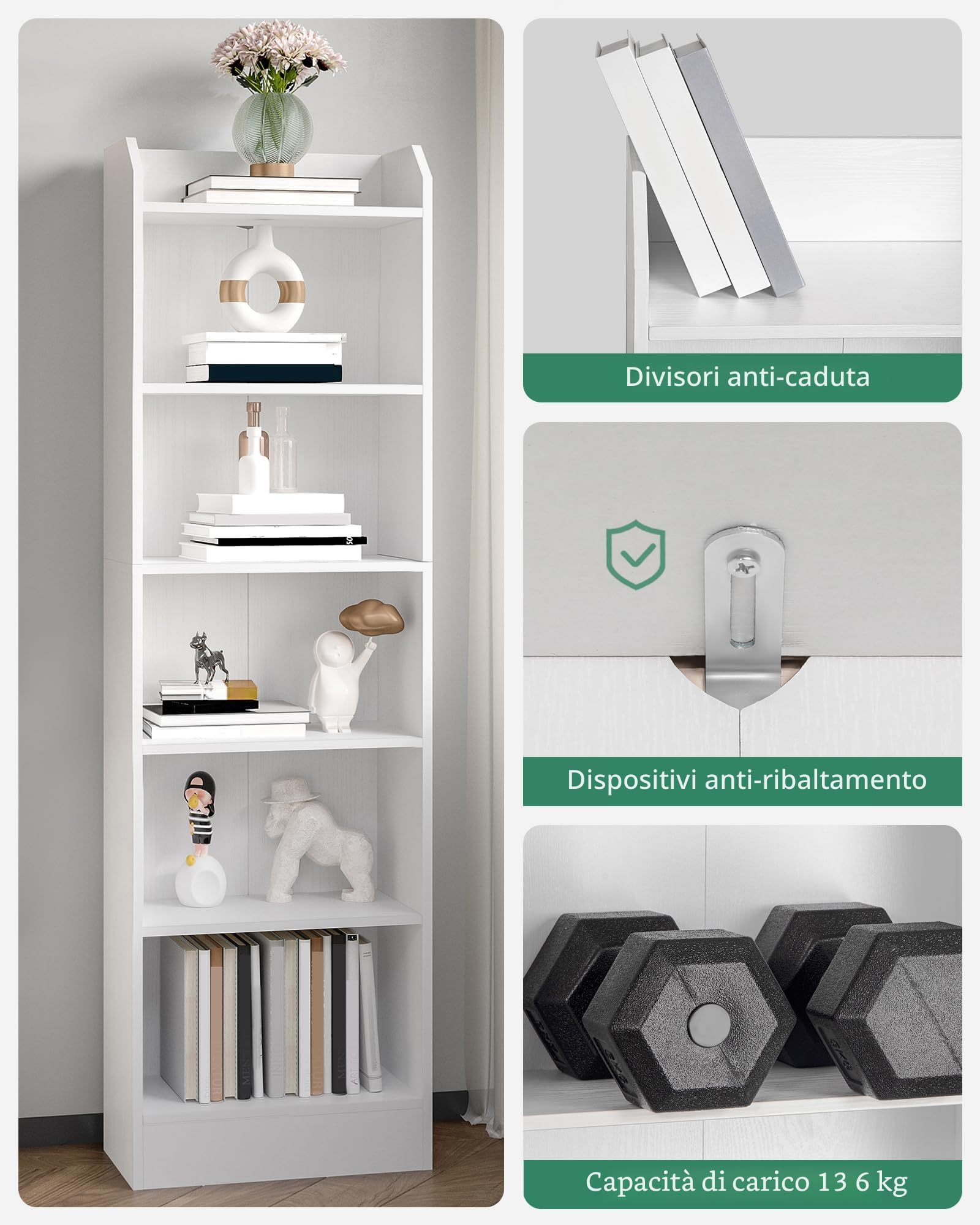 Hzuaneri Libreria, Scaffale 6 Livelli, 24 x 48 x 170 cm | Scaffale per Oggetti da Collezione, Pannelli Regolabili, Per Soggiorno, Ufficio, Bianco 02903XBC