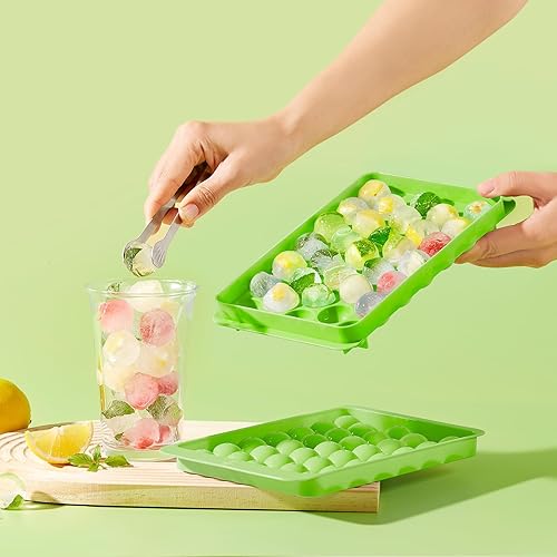 Miniatura 4 de Ultrean Bandeja de cubitos de hielo con tapa y contenedor, bandeja redonda para cubitos de hielo para congelador, para hacer 66 cubitos de hielo de