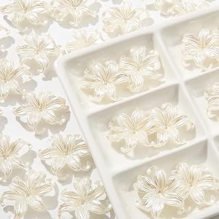 CYEENUT 40pcs White Pearl Flower Beads - Acrylic Lily Shape Beads for DIY Jewelry Bracelets Necklaces Earrings Crafts
