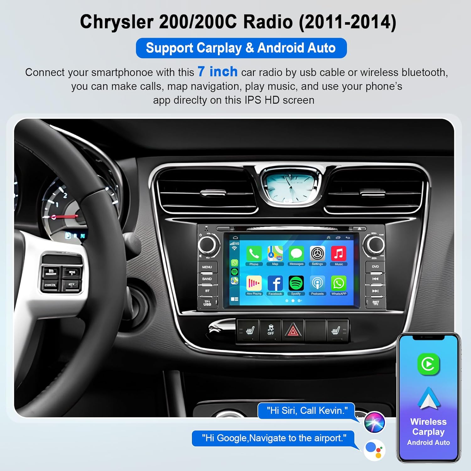 Car Radio Stereo with CD/DVD Player for Chrysler 200 200C (2011 2012 2013 2014),7 Inch QLED Touchscreen Head Unit with CarPlay & Android Auto,Bluetooth & GPS Navigation,Backup Camera& FM/AM Radio