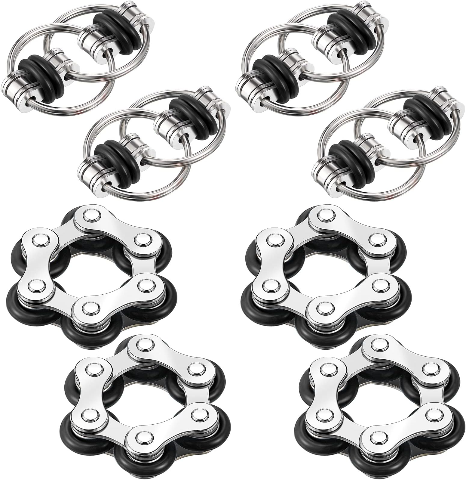 Hicarer 8 Pieces Fidget Toys Set Includes 4 Flippy Roller Chain and 4 Six Roller Bike Chain Toys Gifts for Adults in Learning Help(Black)