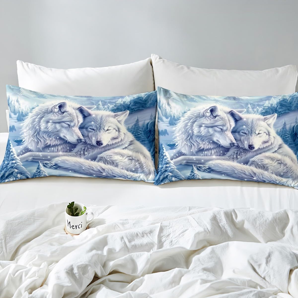 Couple Wolf Kids Duvet Cover Set Toddler Size,Winter Snowy Mountain Bedding Set,Boys Girls Room Decor,Wild Hunt Animal Adventure Rustic Comforter Cover,Blue White Quilt Cover,1 Pillowcase(No Filler)