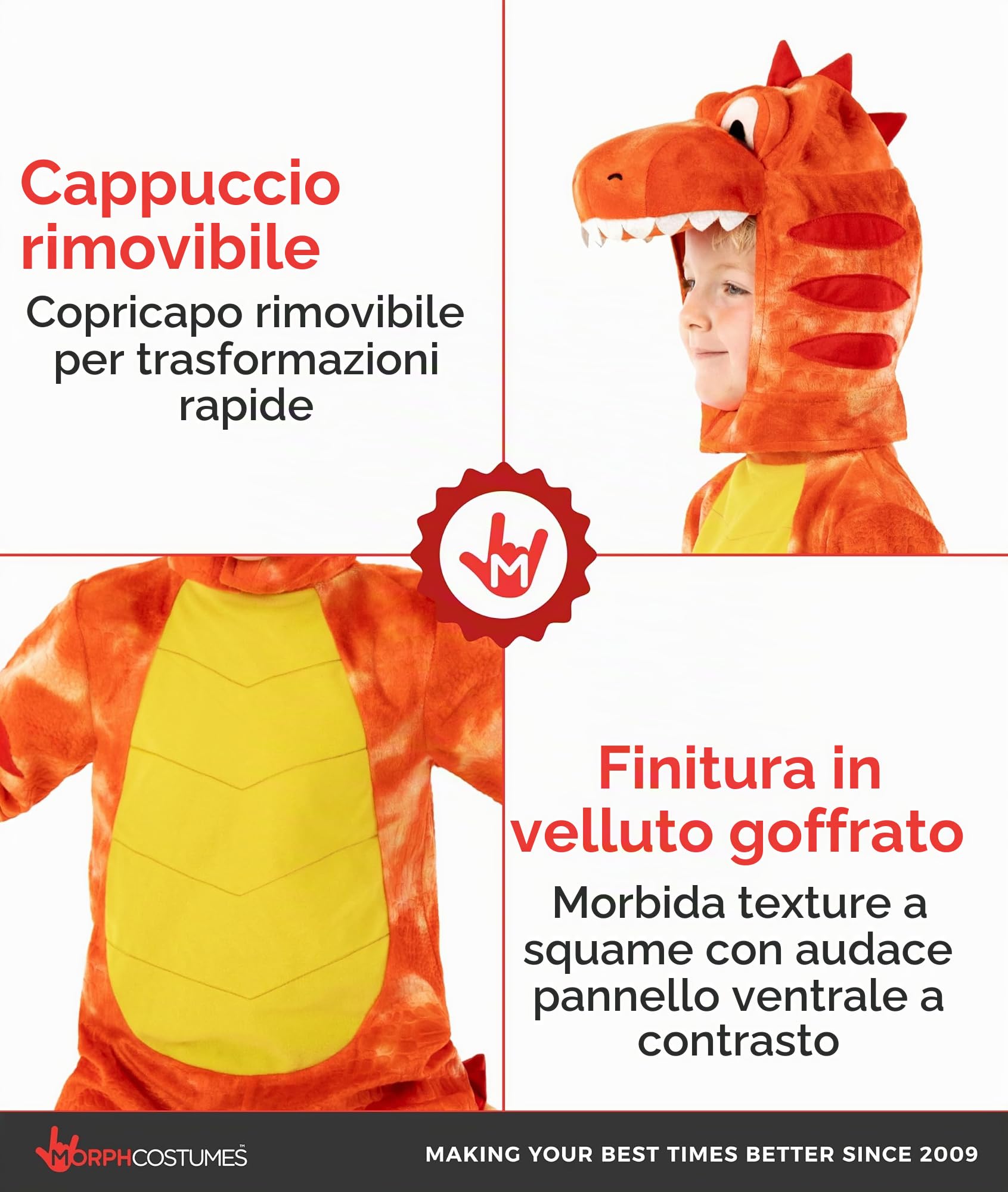 Morph Dinosauro Costume Bambino, Vestito Dinosauro Bambino | Tuta con Coda & Copricapo, Velluto Arancione Goffrato, Da Infilare, Perfetto per Halloween, Ideale per il Gioco di Ruolo