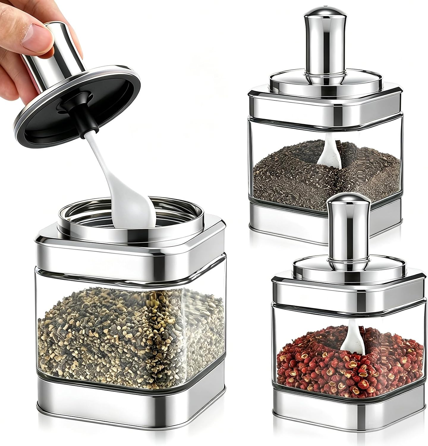 LemonRoad 3 Pack Glass Condiment Pot, 12 Ounce Gold Spice Jars with Spoons and Lids, Seasoning Box Set Salt Container, Sugar Dispense, Kitchen Containers for Flour and Sugar