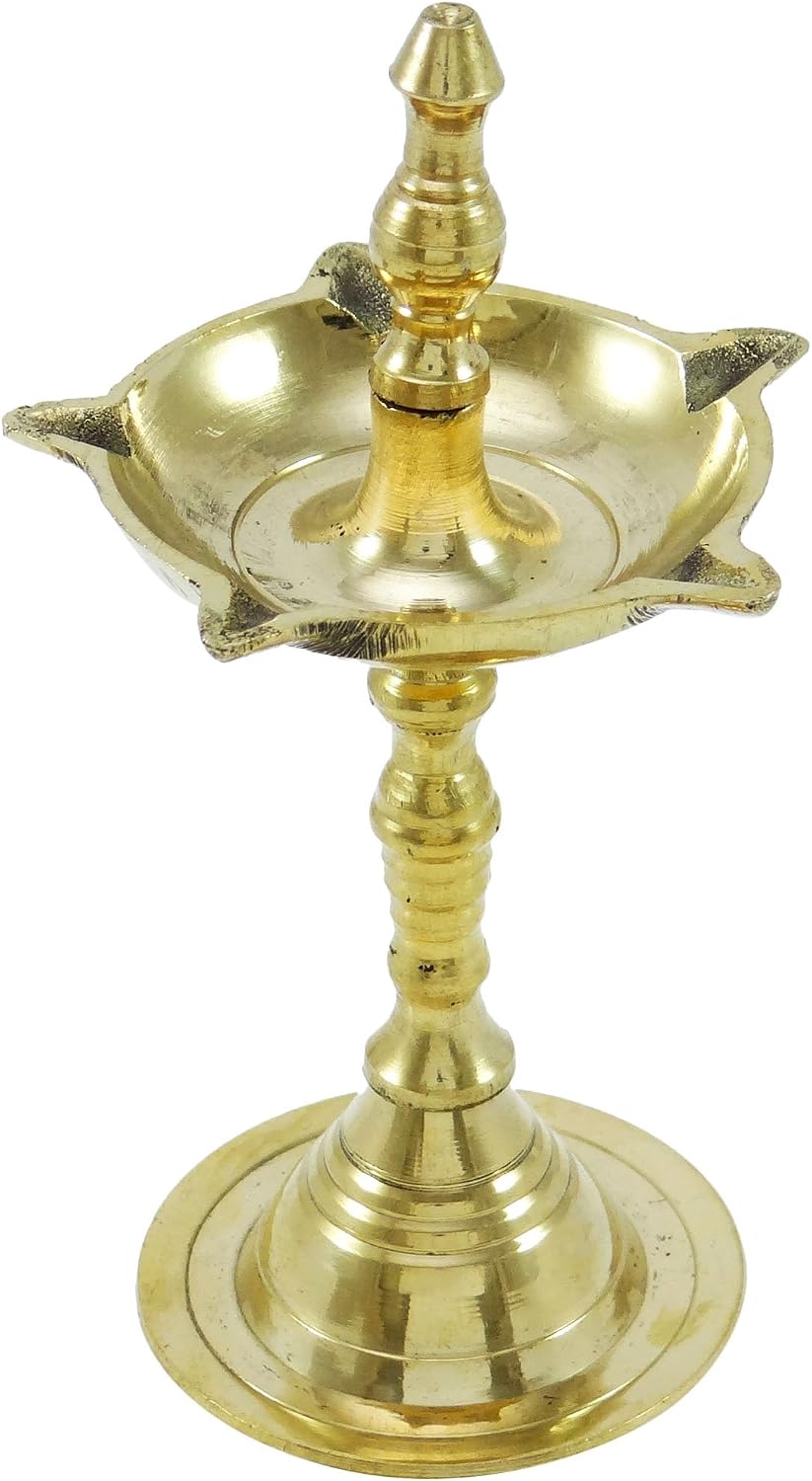 Religious 5 Wicks Diya Brass Oil Lamp with Satnd Diwali Pooja Aarti Accessory