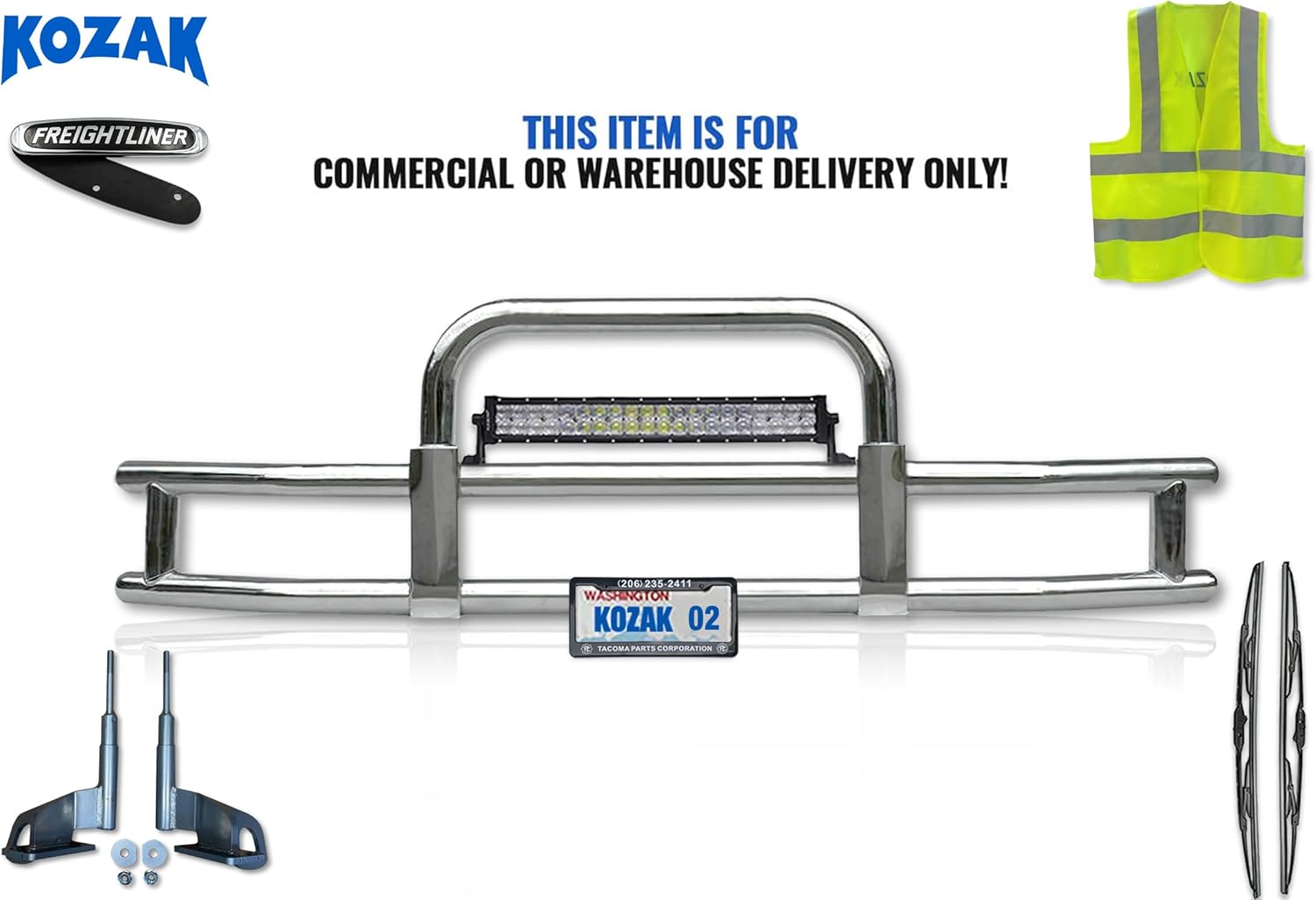 KOZAK Freightliner Cascadia Front Grille Deer Moose Brush Guard 2007-2017 with 22 inch LED bar 120W led Light bar Plus Mounting Brackets, Logo, 22'' Wipers, License Plate Holder and Frame, Vest
