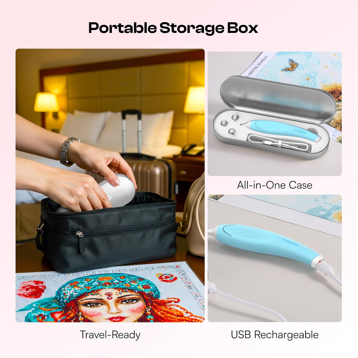 The Caydo Cordless Electric Diamond Painting Pen and its accessories neatly stored in its portable case.