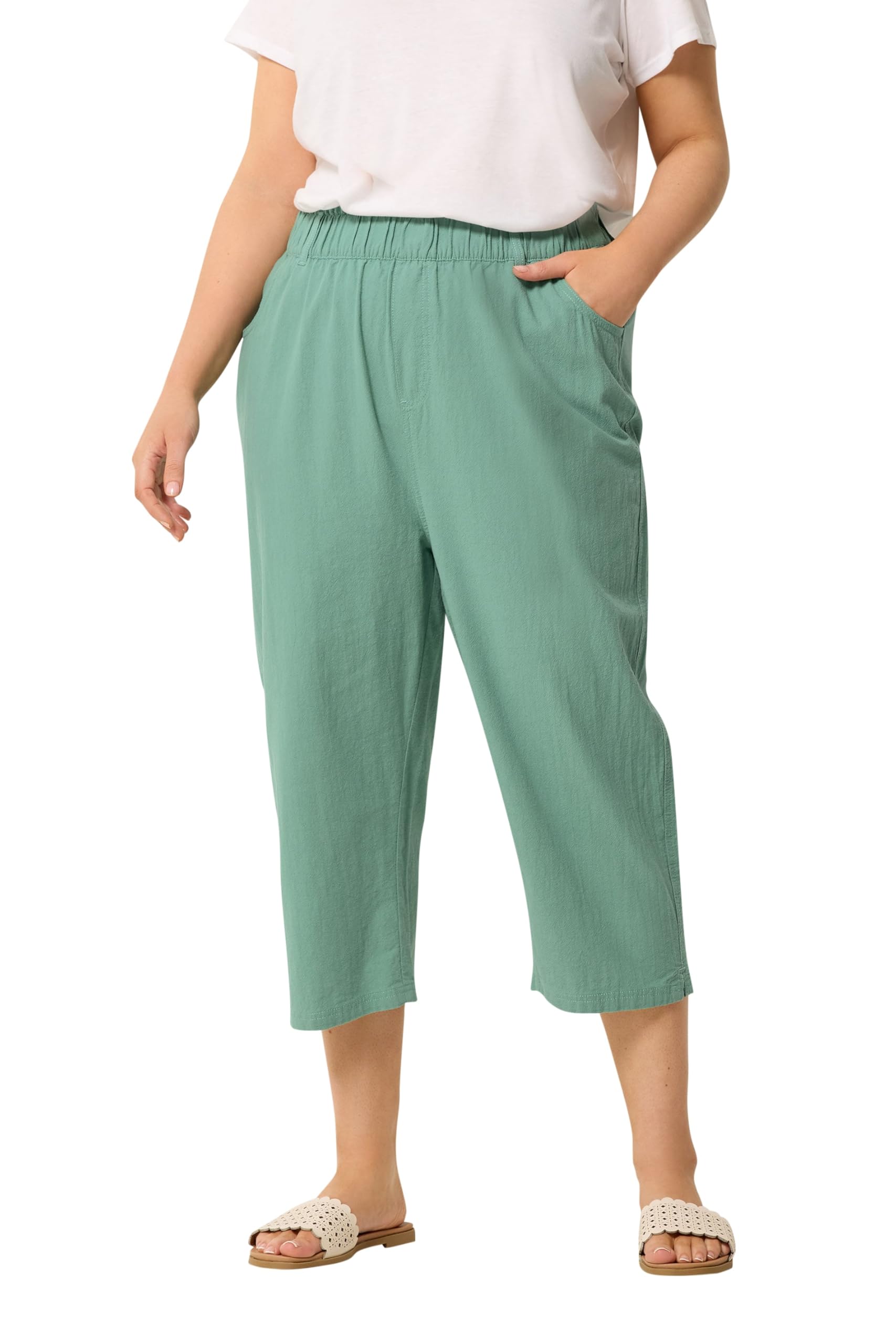 Yours Women's Cool Cotton Cropped Trousers in Green | Size: 22-24
