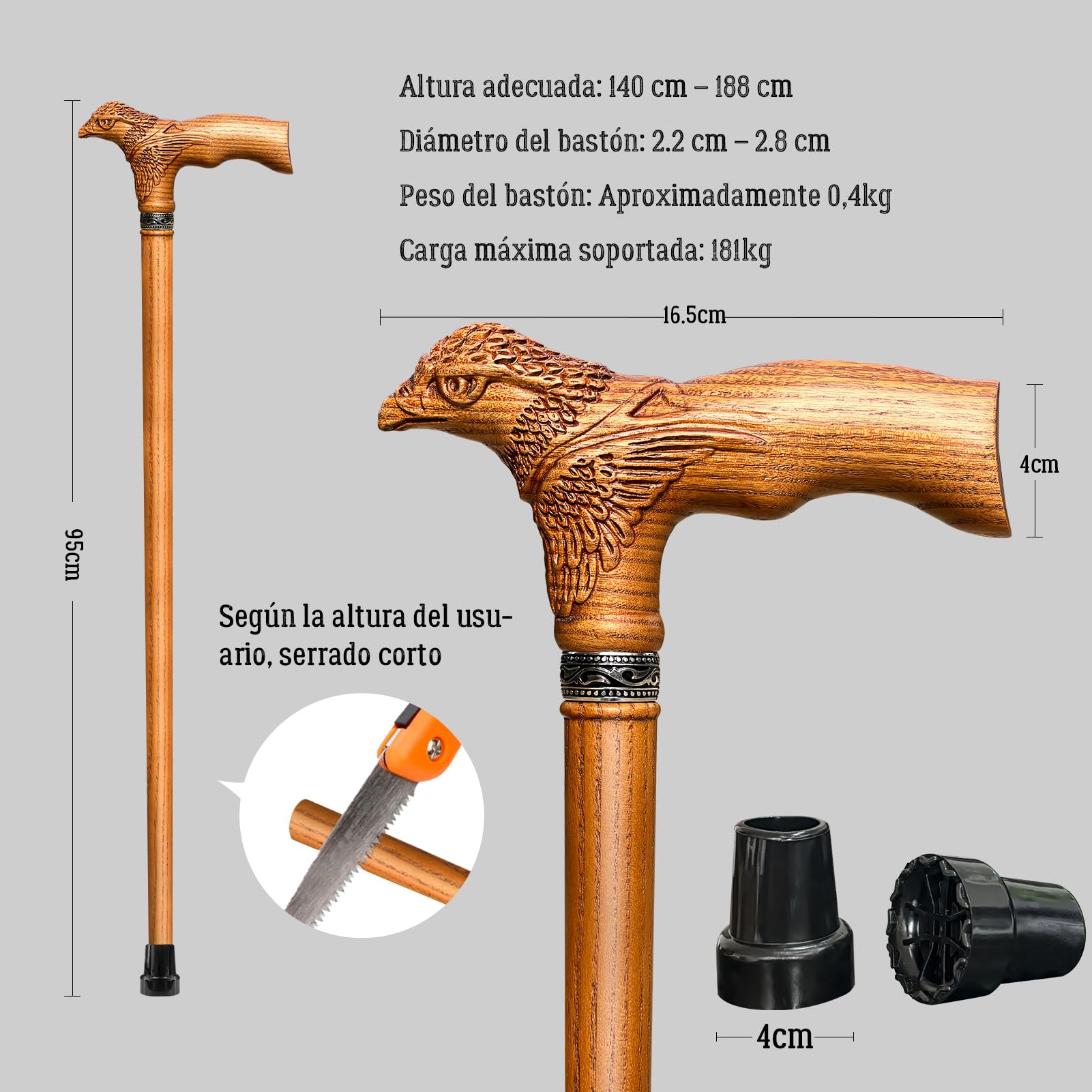 Bastón tallado a mano de madera tallado en águila, ergonómico, elegante, bastón de madera para hombre y mujer, capacidad de carga de hasta 181 kg, bastones estables para personas mayores para