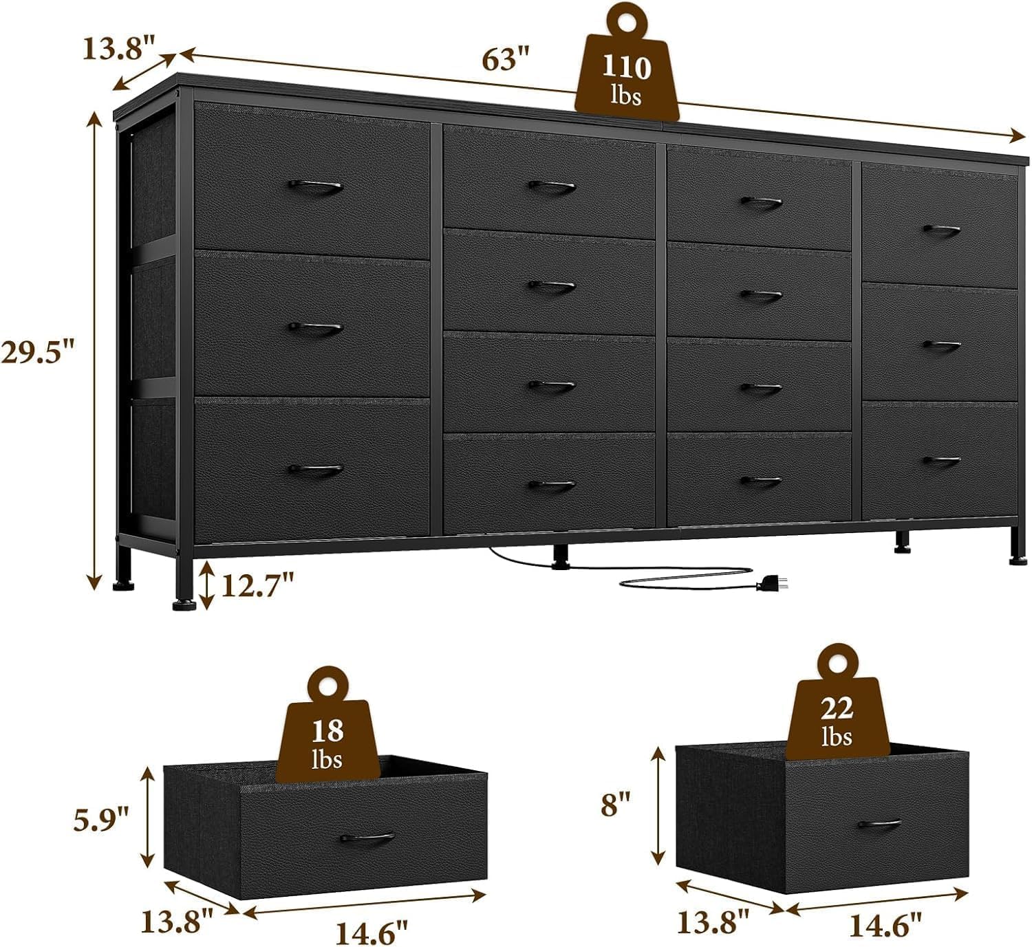 TV Cabinet with 14 Fabric Drawers & Charging Station, TV Lowboard for TVs image 2