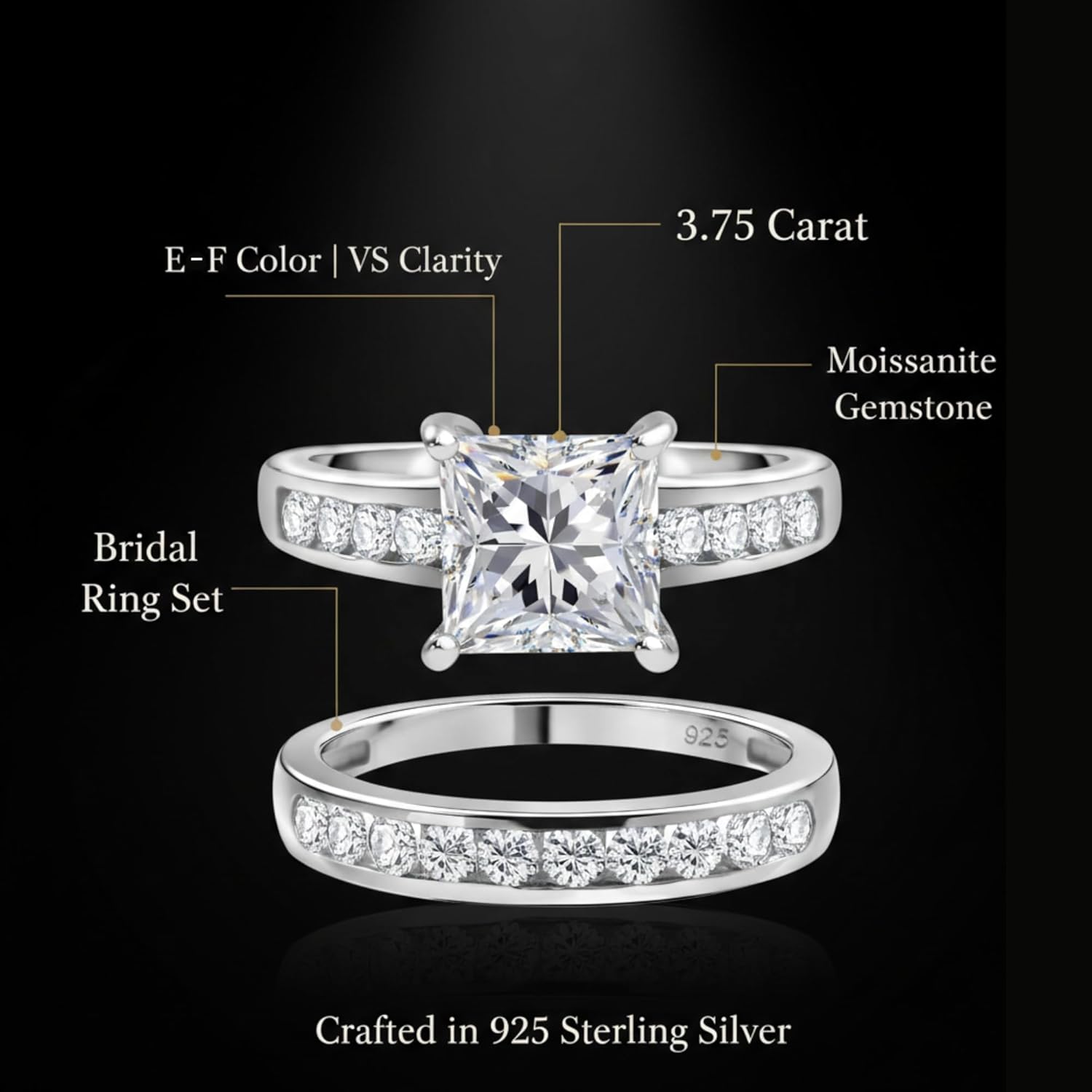 3.75ct Moissanite Rings for Women Moissanite Bridal Ring Sets Wedding Band EF Color VS Round Cut S925 Sterling Silver Engagement Ring Size 6-10