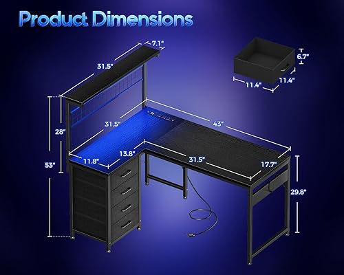 Miniatura 2 de MOTPK Escritorio para juegos en forma de L de 43 pulgadas para habitaciones pequeñas, mesa de computadora de esquina compacta con estante y