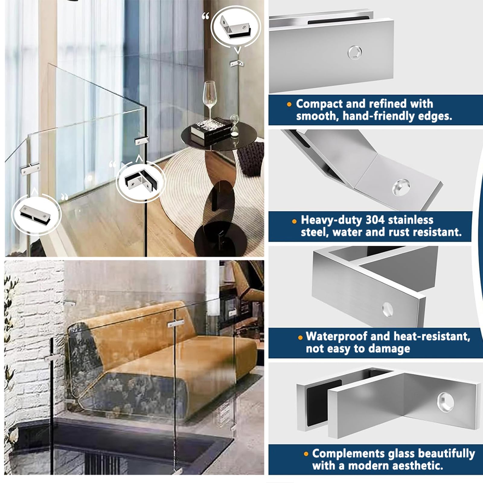 Abrazadera De Acero Inoxidable 304 Para Barandillas De Vidrio A Vidrio | Abrazadera Sin Marco Con Juntas De Goma Para Barandillas De Piscina, Balcones Y Terrazas