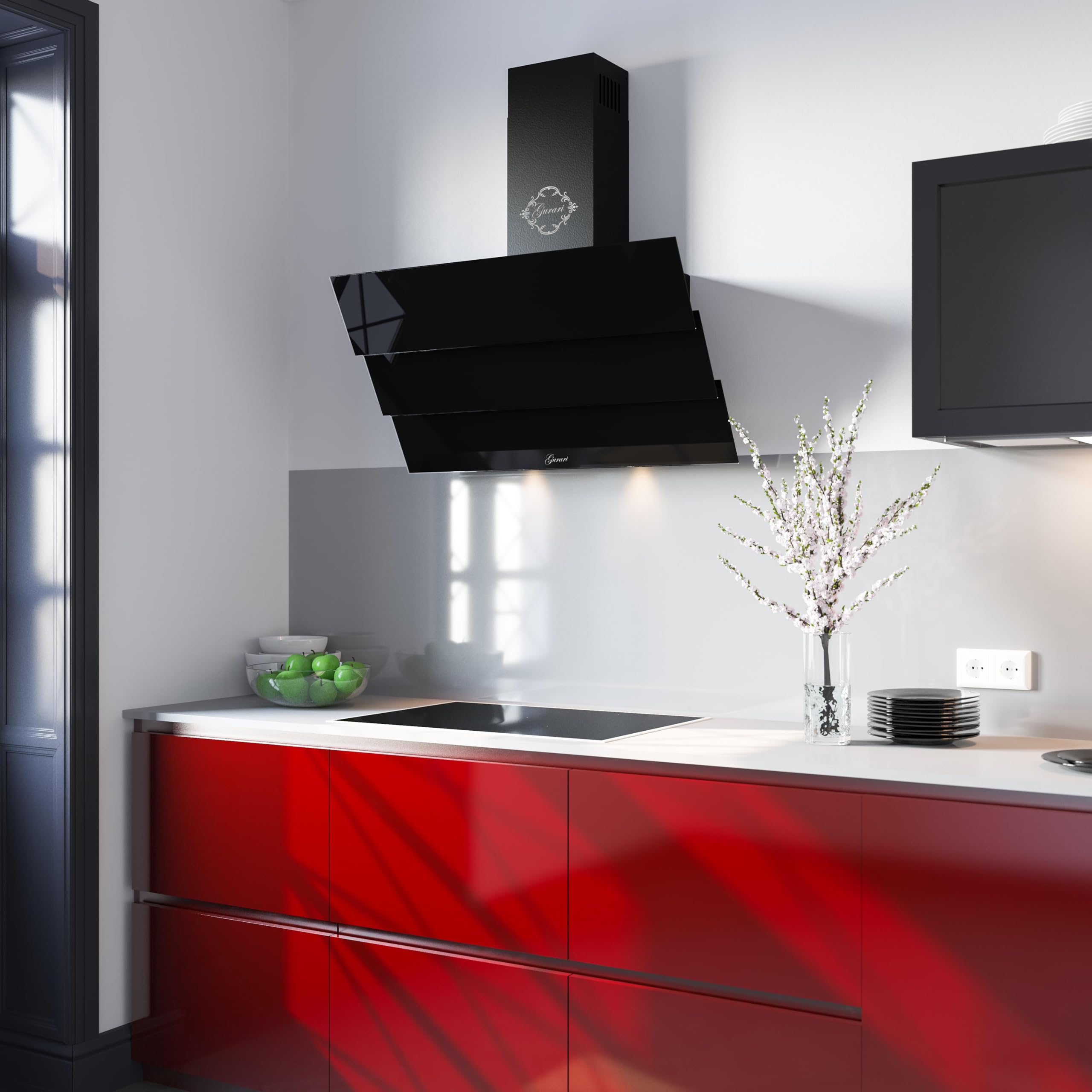 Gurari kopffrei Dunstabzugshaube 60 cm GCH D 267 BL.6 Prime Schwarz Glas | Wandhaube Umluft/Abluft | Abzugshaube 1000m³/h mit Fernbedienung (EEK A) | Randabsaugung, TouchControl, Timer