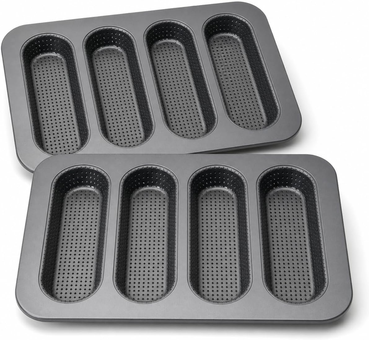 2 Pack Nonstick Carbon Steel Baguette Pan, 4-Cavity Perforated French Bread Baking Mold, Hot Dog Bun Pan for Homemade Bread, Mini Loaf, Sub Rolls and Baguettes, Gray