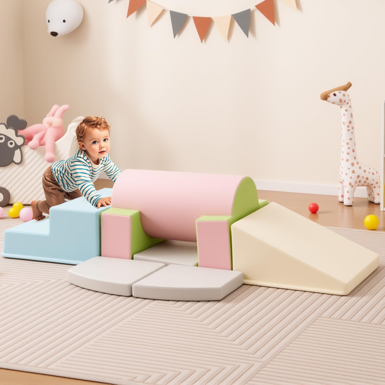 FANTASK Schaumstoffbausteine Set, Softbausteine weich mit Kletter Rutsch Modulen aus PU, Großbausteine Kletterblöcke Indoor Spielset für Kinder ab 1 Jahr, Blau+Grau