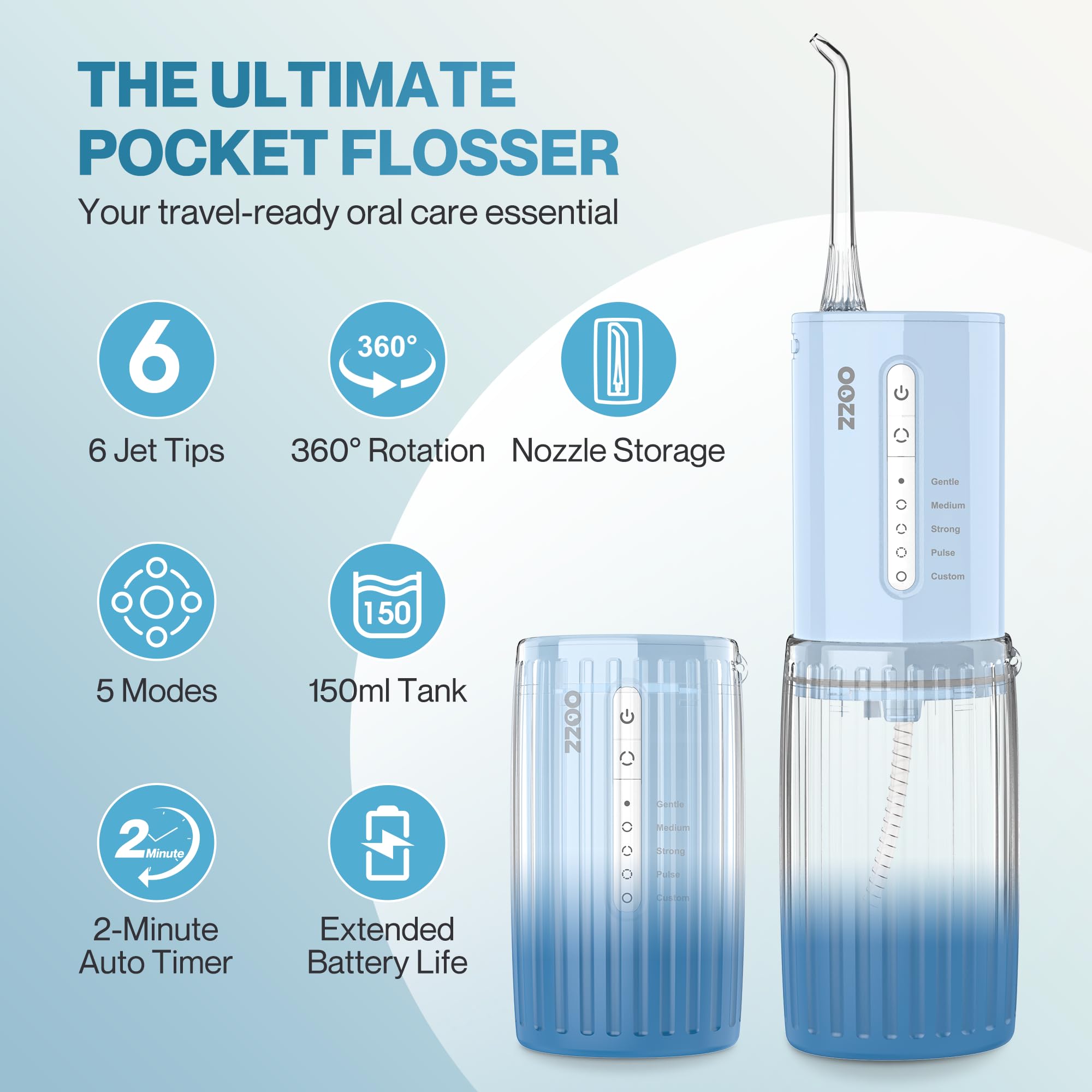 OOZZ Irrigador Bucal de Viaje Inalámbrico 5 Modos 6 Puntas Recargable USB Azul Degradado