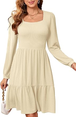 PerZeal Womens Casual Knit Midi Dress Square Neck Long Sleeve Tiered Ruffle A-Line Knee Length Dresses Trendy 2025