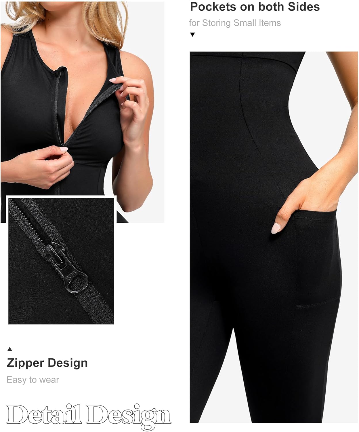 Popilush The Shapewear Jumpsuit Workout Jumpsuits with Pockets - Zip up Jumpsuits for Women - Image 3