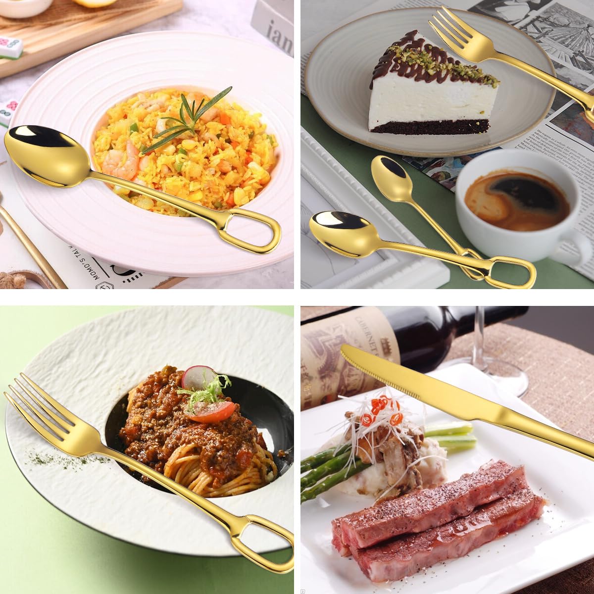 1 juego de 6 piezas de vajilla creativa de acero inoxidable 304, anillo for cuchara, cuchillo y tenedor for carne, for hotel, hogar, con orificio for colgar, tenedor, cuchara de té(Silver)