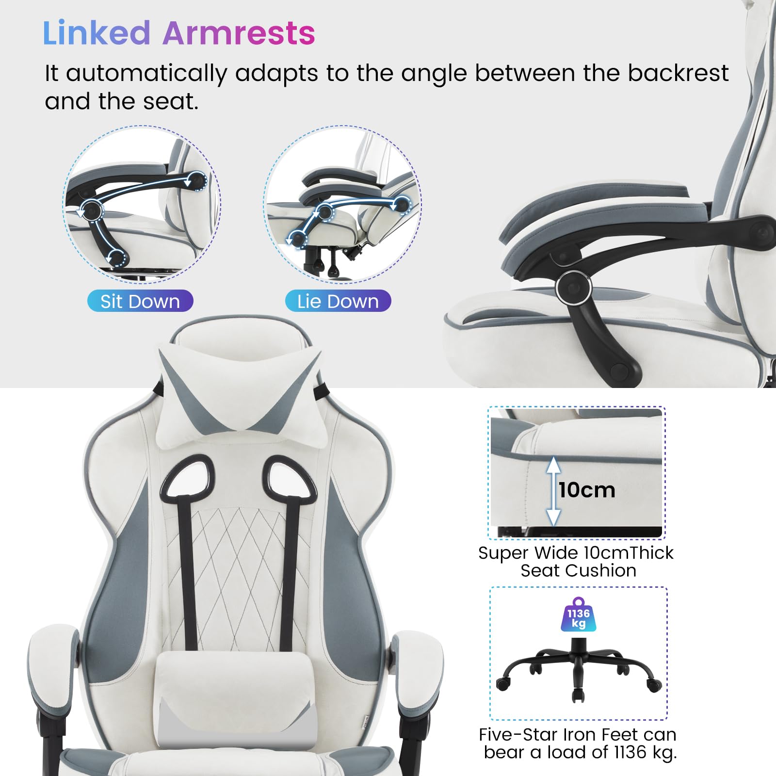 WOLTU Silla Gaming en Tela Transpirable,Ergonómica Silla Gamer,Azul+Blanco | con Reposapiés, Sillón Giratorio Videojuegos, Silla Oficina con Asiento Ancho y Cómodo para Personas Grandes
