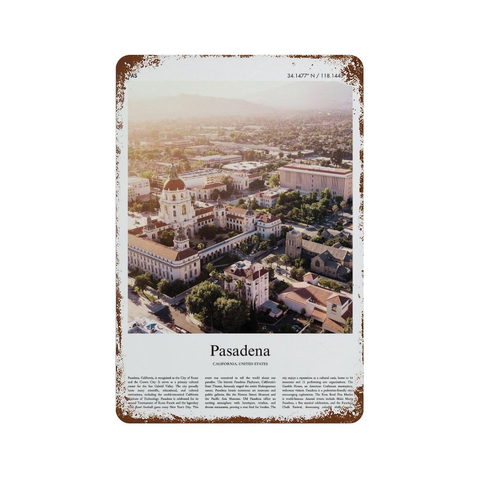 xiaoxiaoshen Pasadena California, United States, USA City Scenery Wall Decor Art Metal Tin Poster Modern Home Decor Art Home Bar Shop Decorations Vintage Sign 30x20cm