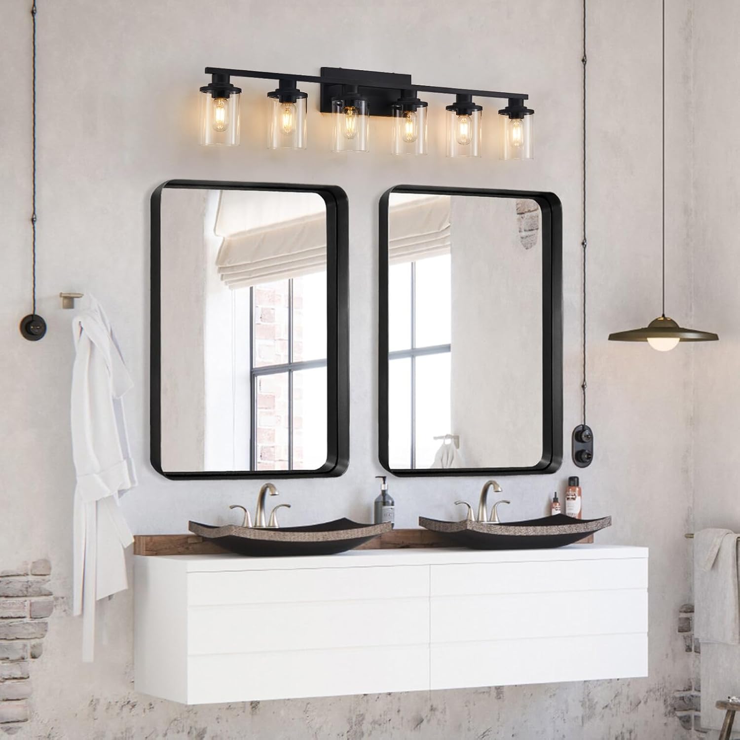 6 Light Matte Black Bathroom Vanity Light Fixtures with Clear Glass and Metal Base, Black Vanity Lights over Mirror for Bathroom