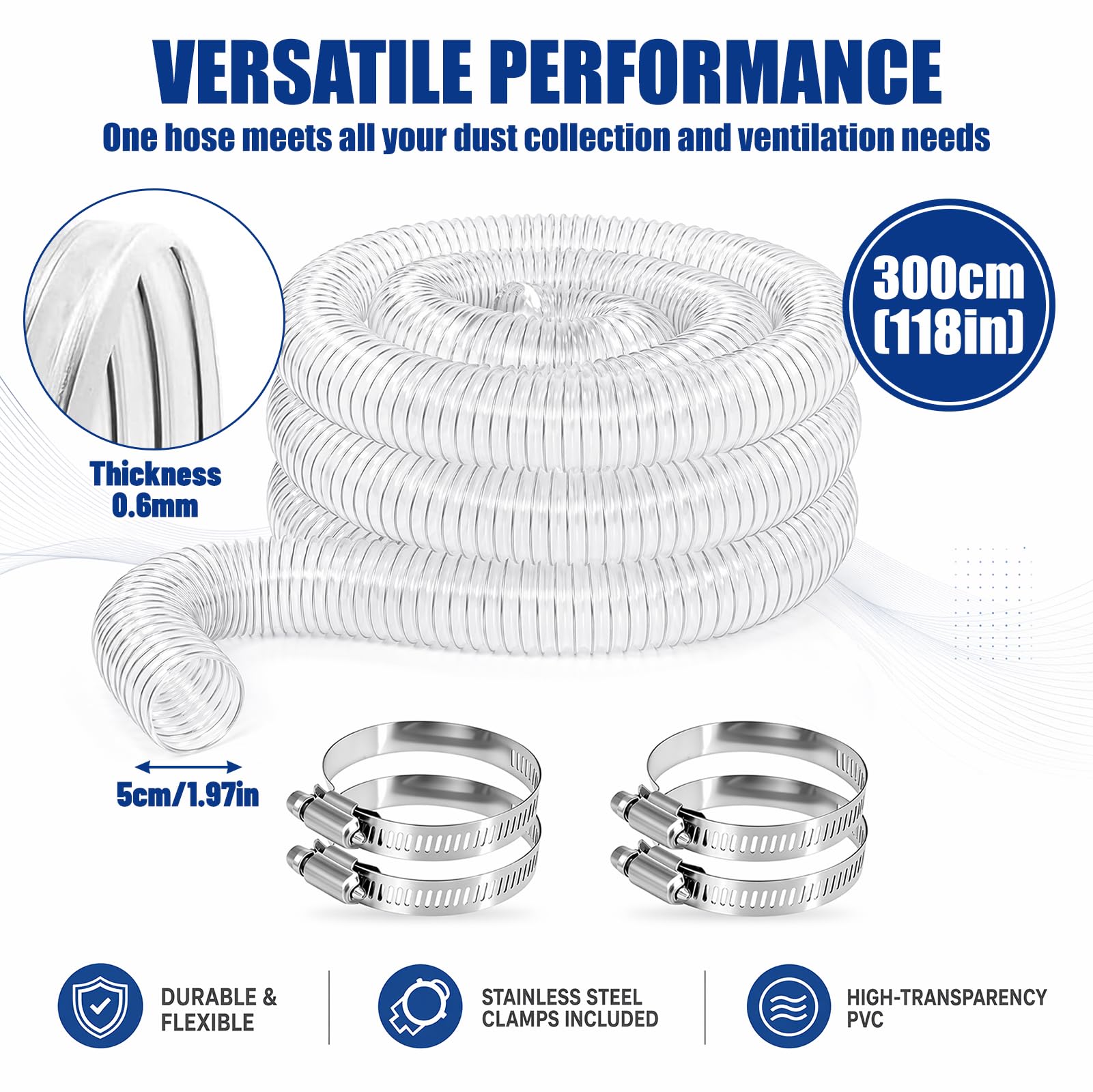 50mm Transparenter PVC Absaugschlauch, Absauganlage Spiralschlauch mit Stahlfeder, Flexibler Staubsaugerschlauch für Werkstatt, CNC, Holzstaubabsaugung, Industrielle Entstaubung (3m)