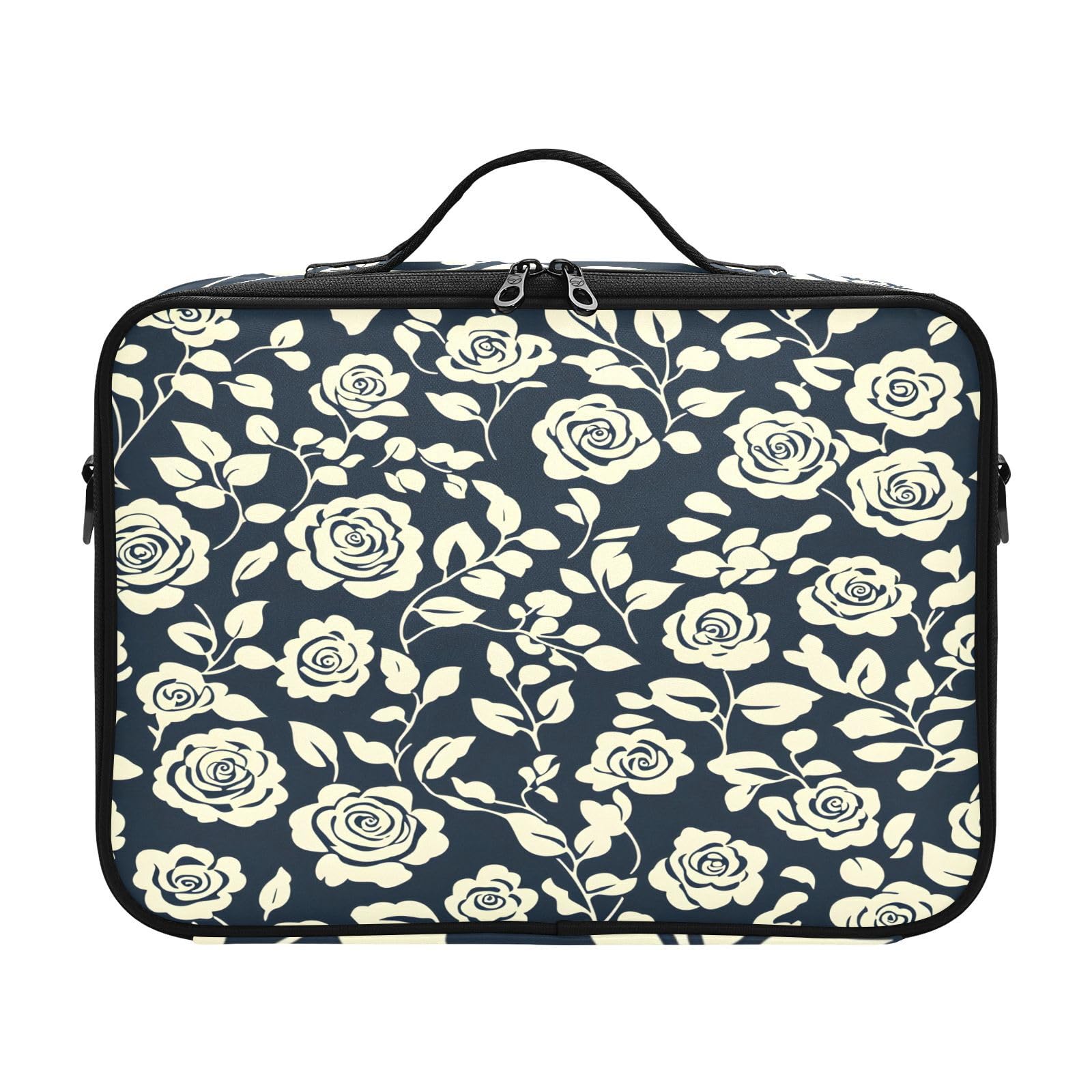 zyrtty Travel Makeup Train Case Flower White Black Pattern Cosmetic Organizer Portable Storage Bag with Adjustable Dividers for Cosmetics Brushes Toiletry Jewelry Digital Accessories