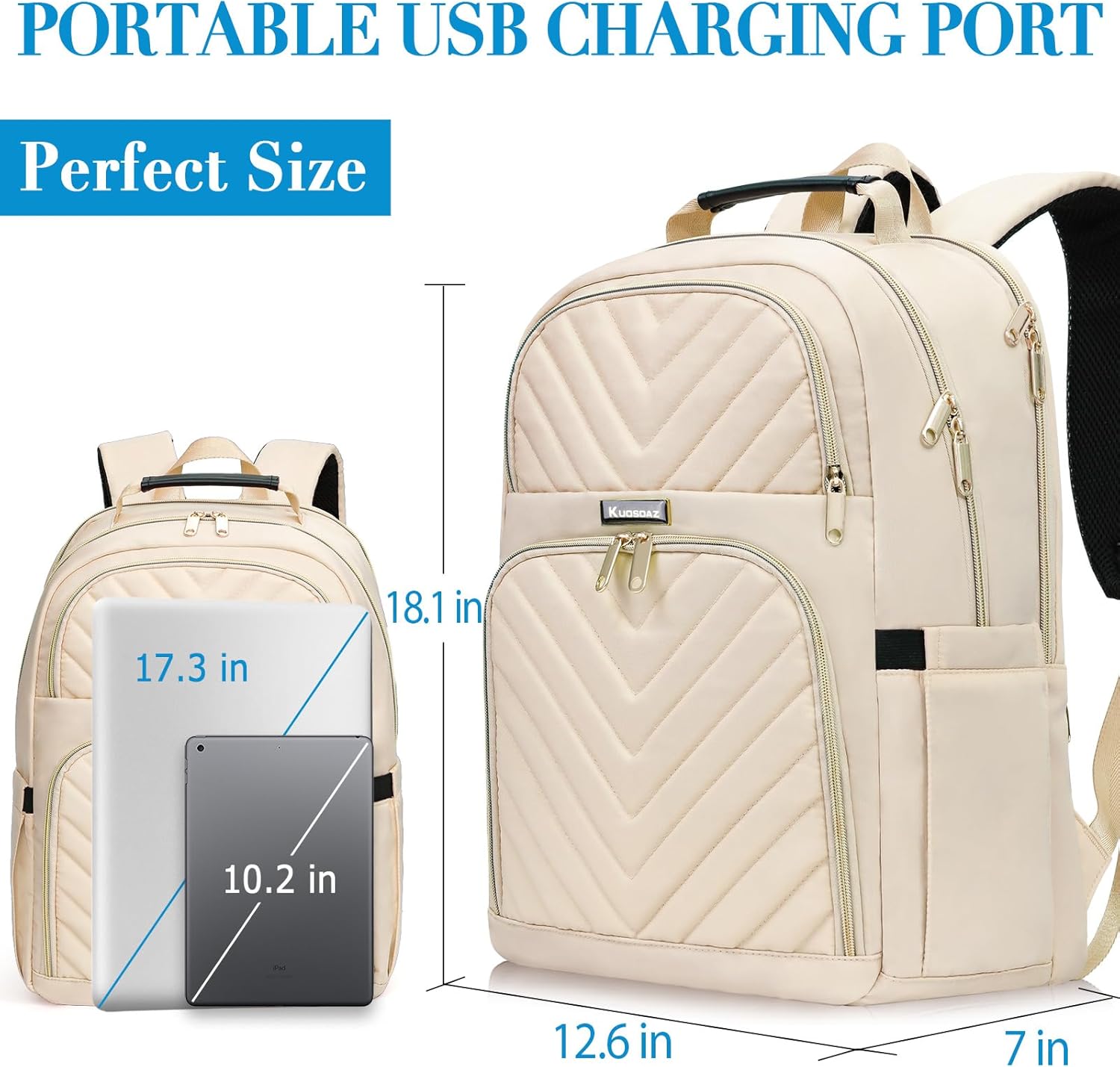 Travel Laptop Backpack for Women, 15.6 Inch Quilted Work Backpack Purse with USB Charging Port, School Backpack for Teens Girls Boys, Large Anti-theft Teacher Student Bookbags, Casual Daypacks, Beige
