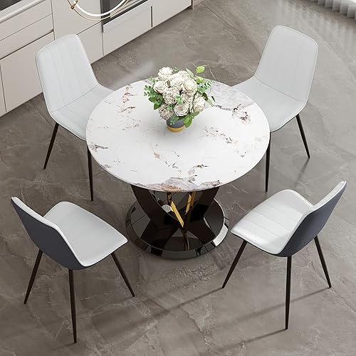 Miniatura 32 de JUFU Juego de mesa redonda de comedor para 6 con sillas, juego de mesa y sillas de 48" compuesto por 6 piezas con superficie de mármol y asiento