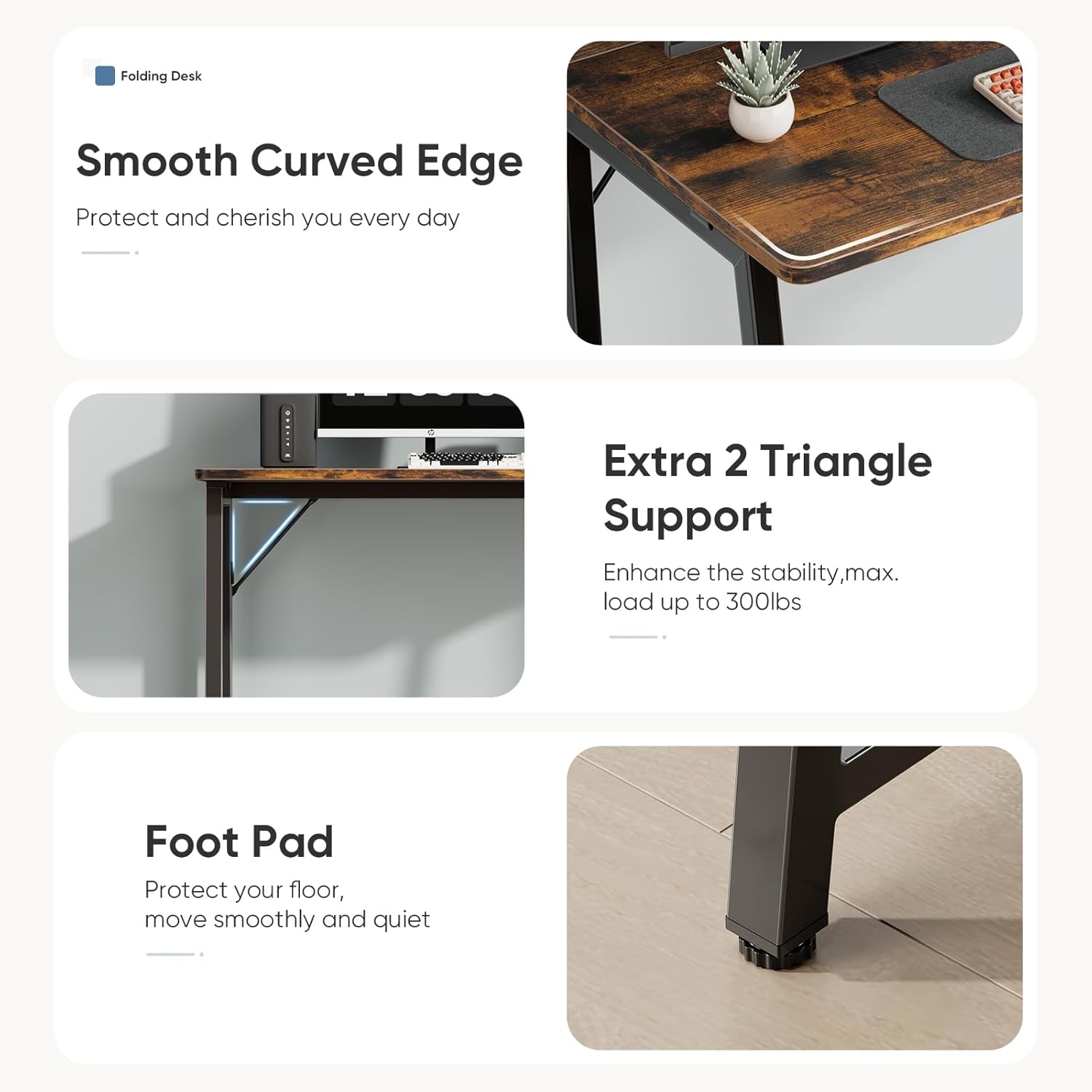 DUMOS 31.5 Inch Folding Desk, Foldable Computer Table for Small Spaces, Metal Frame Gaming Writing Work Station, Mini Home Office Surface, Rustic Brown