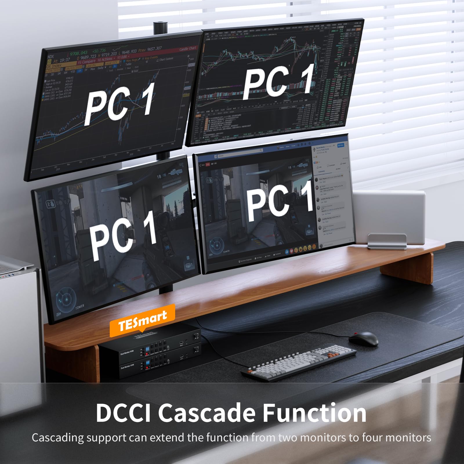 TESmart DP KVM Switch 4 PC 2 Monitor USB 2.0