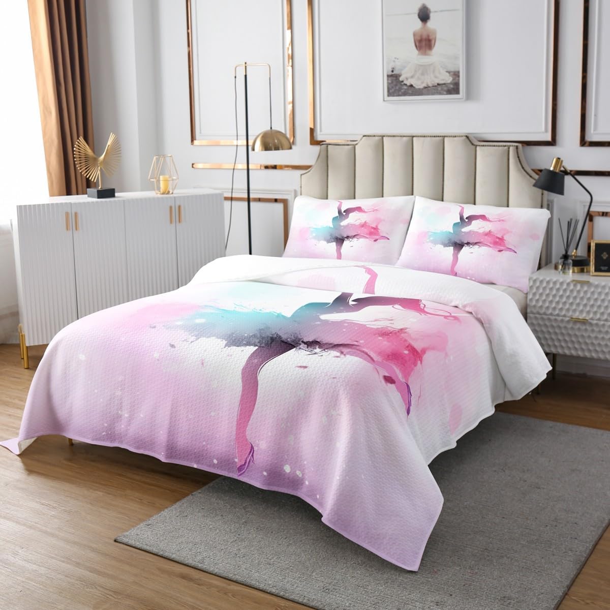 3 Piece Ballerina Girl Quilt Bedding Set Women Aldult Lightweight Bedding Blue Pink Watercolor Bedspread Set Dance Art Bedspread Coverlet Soft Microfiber Home Quilt Set for King Bed All Season
