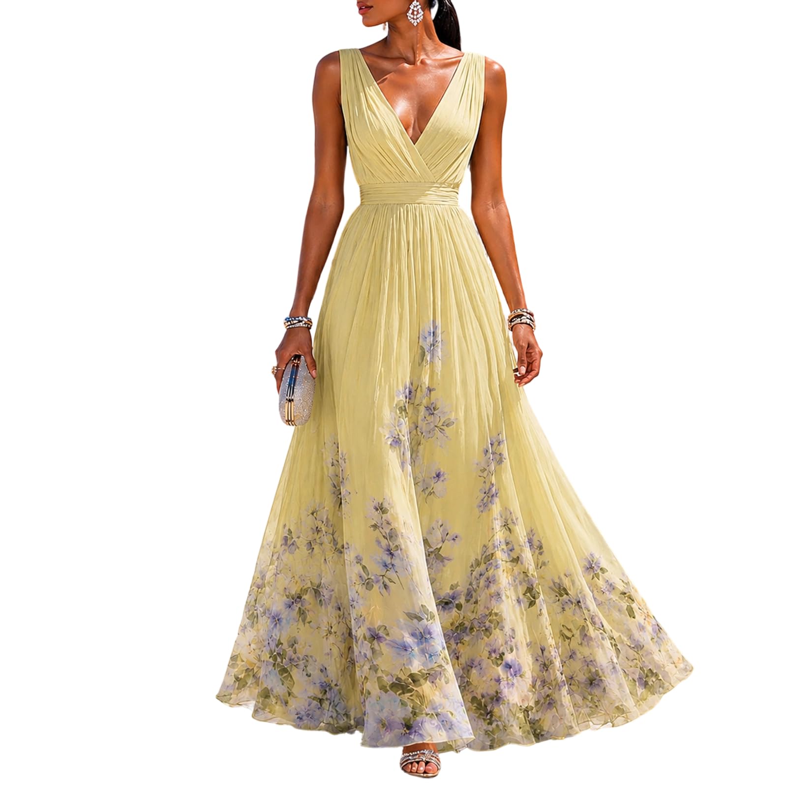 Abendkleider Elegant Für Hochzeit Chiffonkleid Damen Festlich Cocktailkleid Damen Ärmellos A Linie Ballkleider Lang Blumen Kleid Hochzeitsgast Elegante Kleider Sommer Partykleid