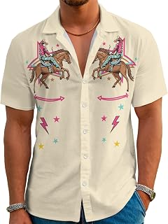 Men's Hawaiian Shirt Short Sleeve Funny Toucan Cowboy Print Western Vintage Button Down Tropical Bird Casual Shirts