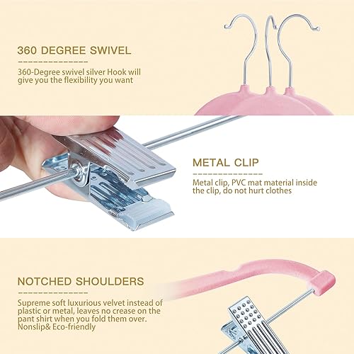 Miniatura 3 de Perchas de terciopelo para faldas para niños, paquete de 24 perchas de terciopelo para bebé con clips ajustables, perchas para pantalones, ahorro de