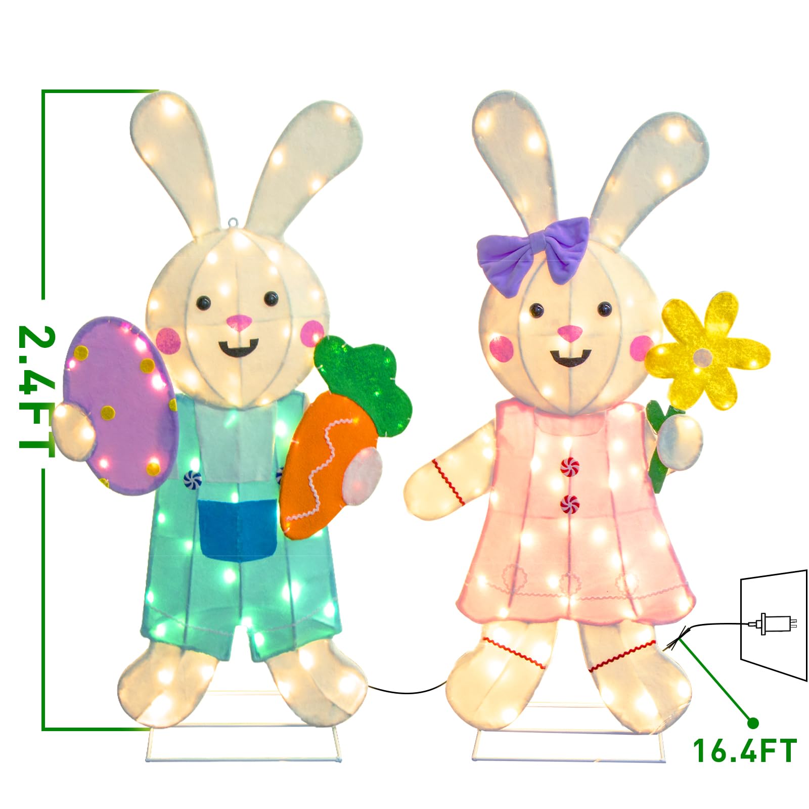Vanthylit Easter Decorations Outdoor, 2PCS Easter Bunny Lights Yard Decoration Outdoor with Stakes, 2D Lighted Hanging Rabbit Wall Decor for Indoor Garden Patio