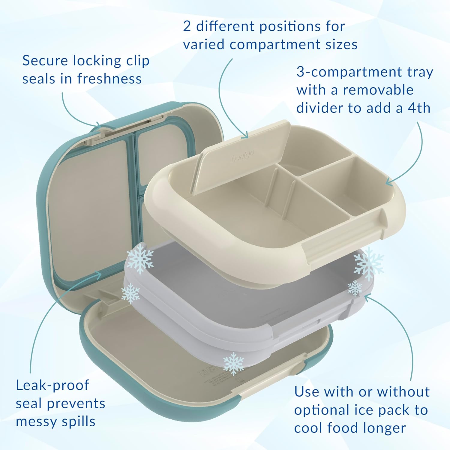 Bentgo Chill Max Leak-Proof XL Lunch Box - Included Ice Pack Keeps Food Cold; 5-Cup Capacity for Adults & Ages 8+, 3 or 4 Compartment Bento Box, BPA-Free, Dishwasher Safe (Bone & Glacier Blue) - Image 5