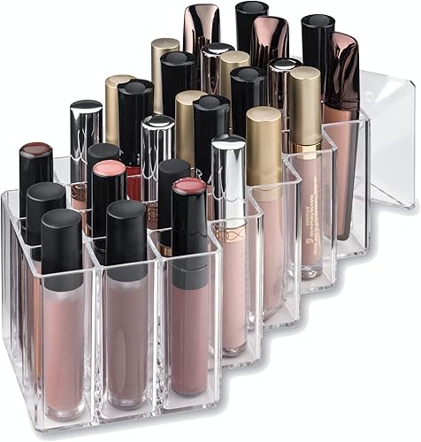 Miniatura 3 de byAlegory - Organizador de maquillaje de brillo de labios acrílico, 28 espacios de almacenamiento con ranuras profundas, diseñado para colocarse