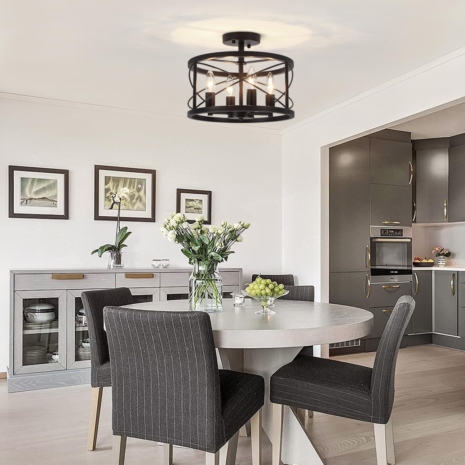 Black Semi Flush Mount Ceiling Light, 4-Light Farmhouse Modern Ceiling Light Fixture, Hallway Light Fixtures, Kitchen Lights, Ceiling Lamp for Entryway Bedroom Laundry Dining Room Lighting Fixtures