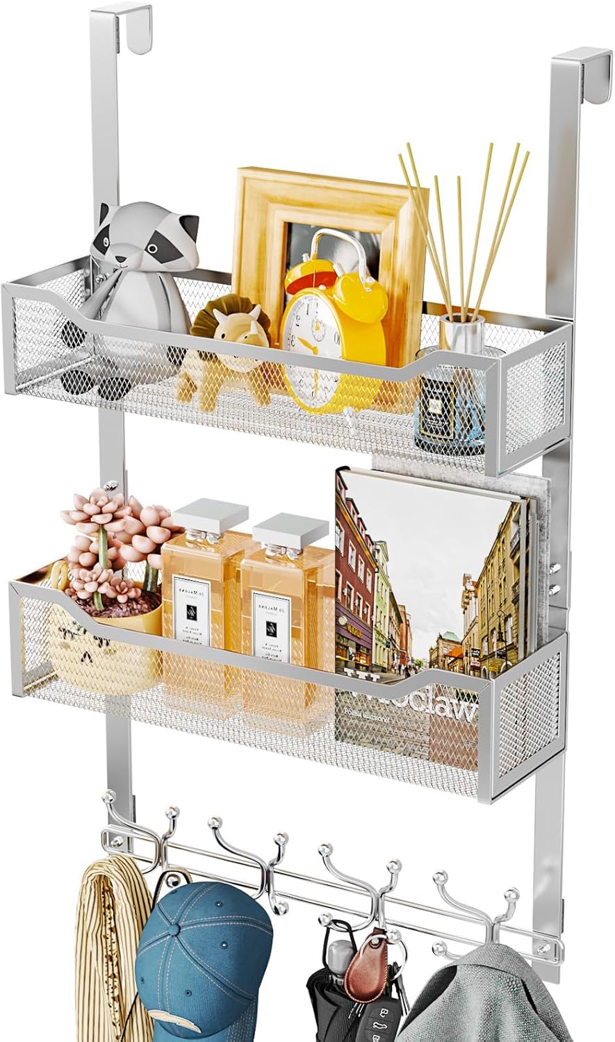 SWTYMIKI Over The Door Hook with 16 Hooks & 2 Mesh Baskets - Heavy Duty Over The Door Organizer Hanger for Towels, Coats, Clothes - Space Saving Hanging Rack for Bathroom, Living Room, Silver